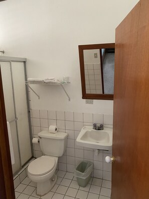 Un baño pequeño con inodoro, lavamanos, espejo y ducha.