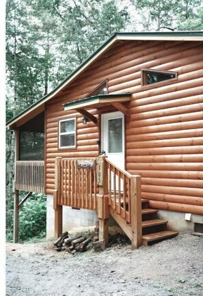 Eine Blockhütte mit einer Holzdiele, einer Treppe, die zu einer Tür führt, und einem Fenster.