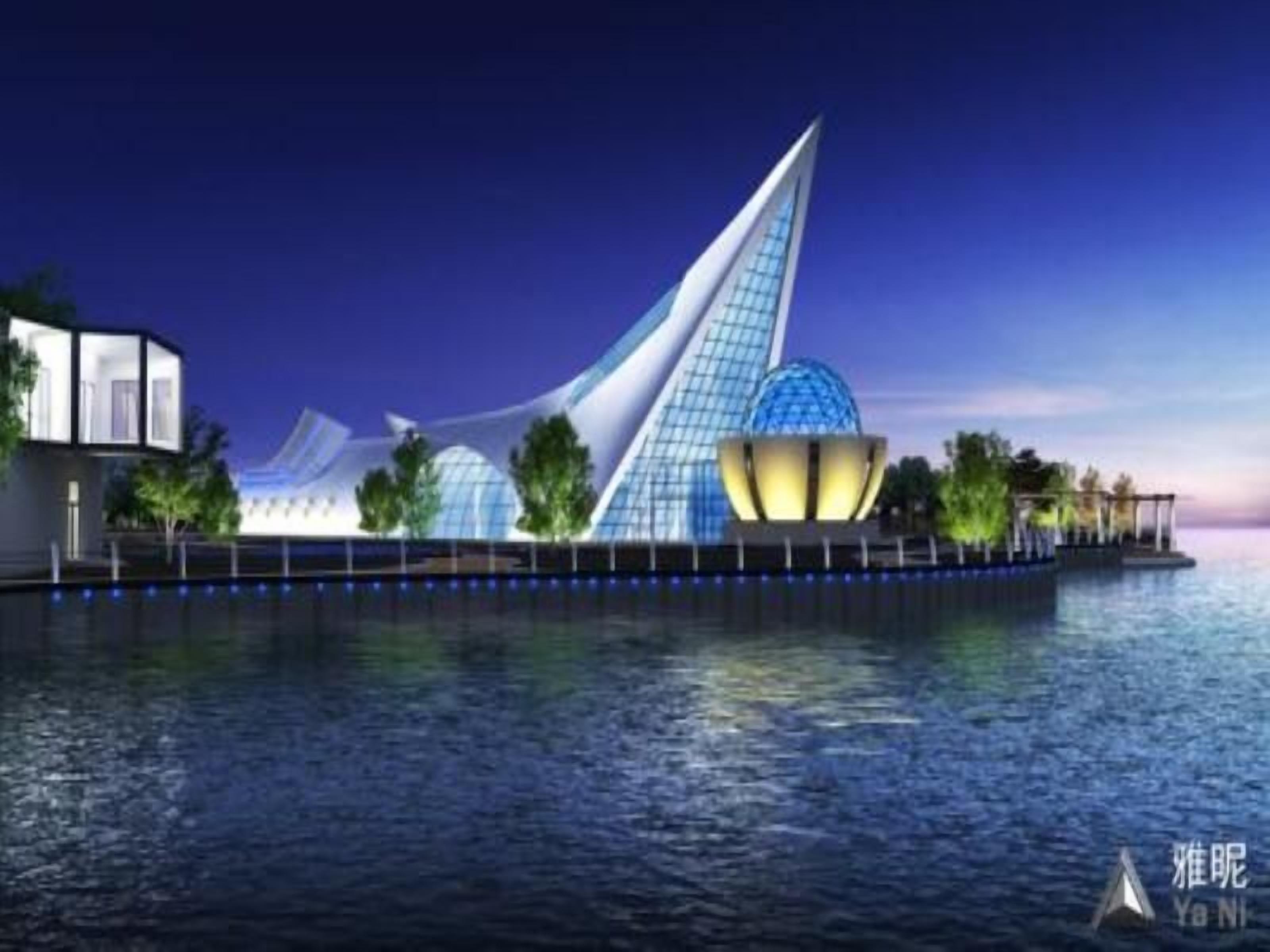 A modern waterfront hotel with a distinctive sail-shaped building, a glass facade, and a waterfront view.
