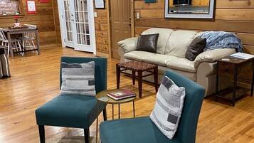 TV connectée, cheminée, lecteur de DVD, livres