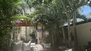 An outdoor patio area with wicker furniture and palm trees. - Waykiri Unit C-12 Luxurious New Apartment (Noord)