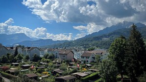 A residential area with houses, a flag, and mountains in the background. - Gasthaus zur Waldegg, BW Signature Collection (Horw)