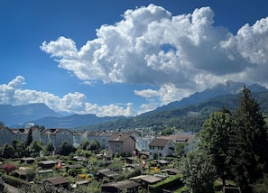 A residential area with houses, a flag, and mountains in the background. - Gasthaus zur Waldegg, BW Signature Collection (Horw)