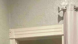 Un couloir avec un plancher en bois et une porte sur le côté gauche.