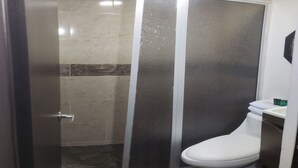 Une salle de bain avec une douche, des toilettes et un lavabo.