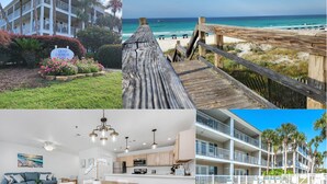 A hotel with a pool, a beach view, a dining area, and a view of the ocean.