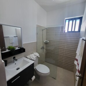 A modern bathroom with a glass shower enclosure, a white sink, and a toilet. - Beautiful new villa, just 10 minutes from the beach, private pool. (Punta Cana)