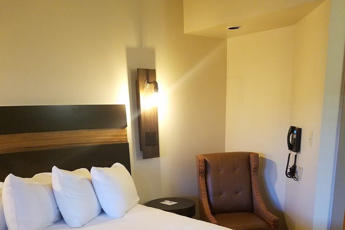A hotel room with a large bed, a brown patterned bedspread, a brown leather armchair, a nightstand, and a wall-mounted telephone.
