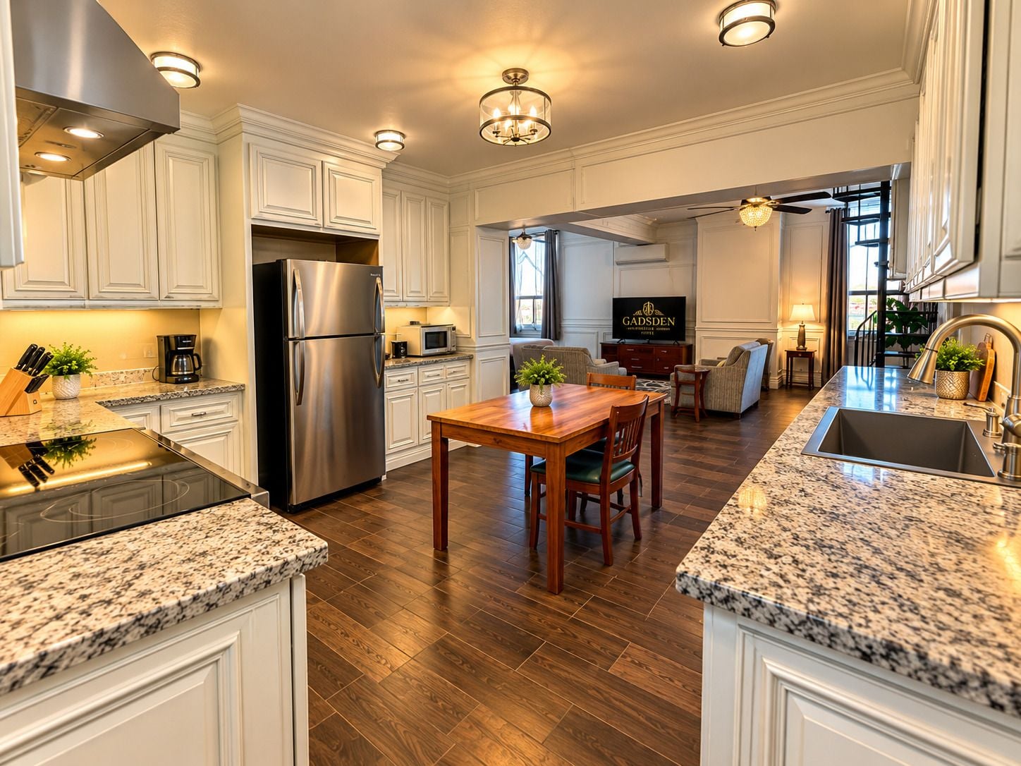 A modern kitchen with white cabinetry, stainless steel appliances, and granite countertops.