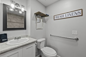 Secador de cabelo, toalhas de banho, sabonete, papel higiênico