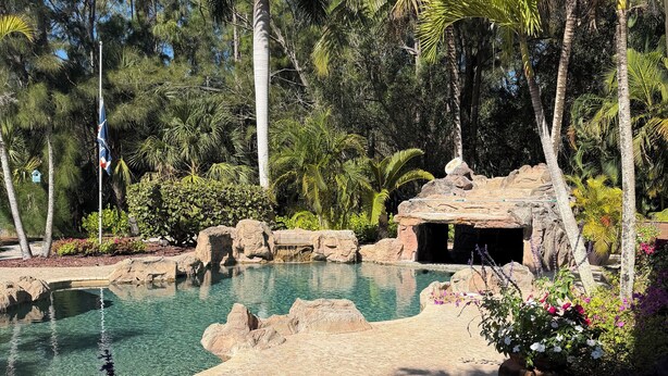 Un área de piscina con agua cristalina, rodeada de plantas tropicales y palmeras.