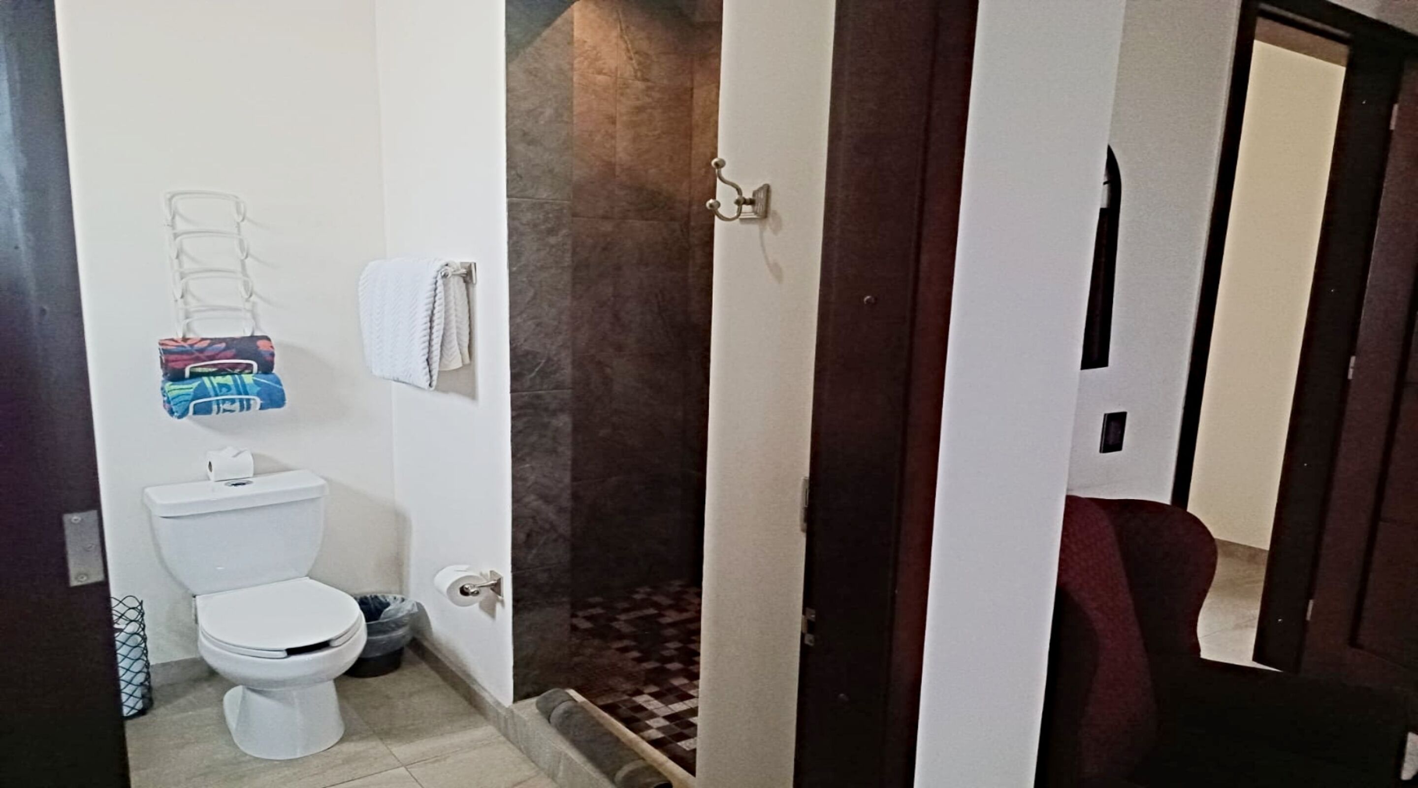 A bathroom with a toilet, a towel rack, and a shower area.