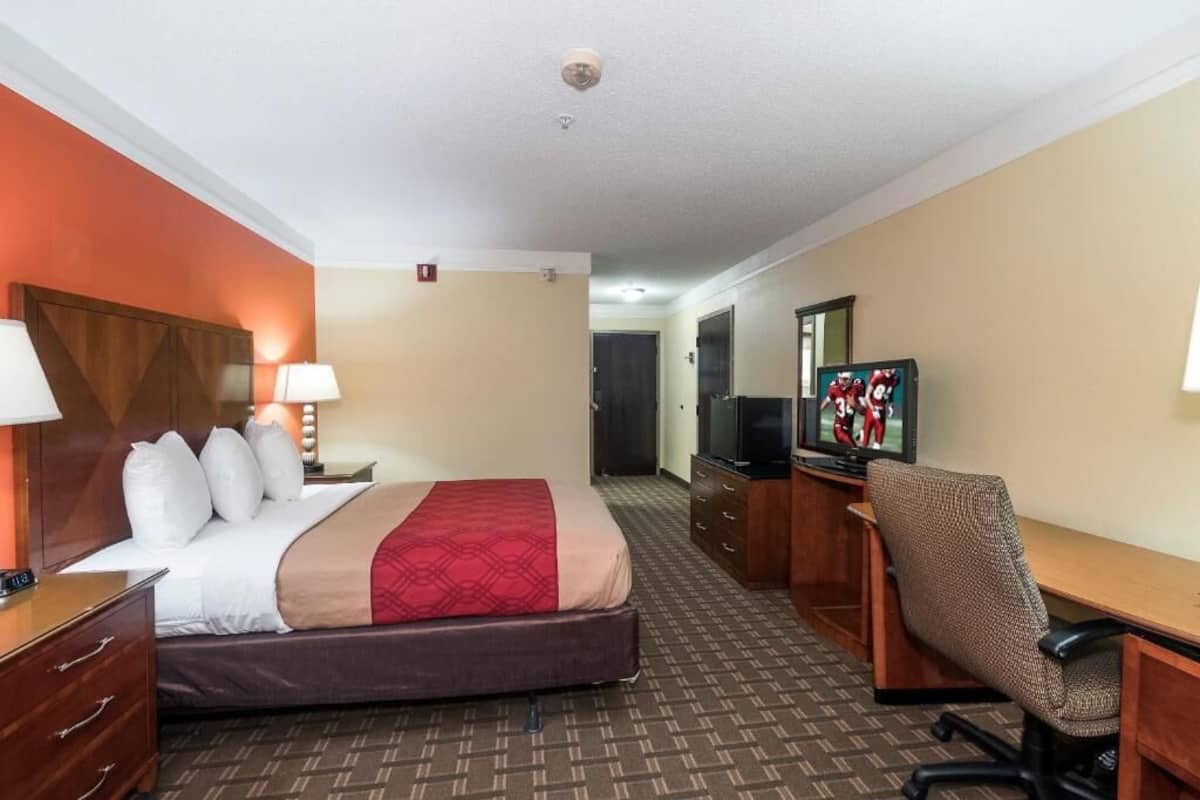 A hotel room with a bed, desk, chair, television, and a mirror.