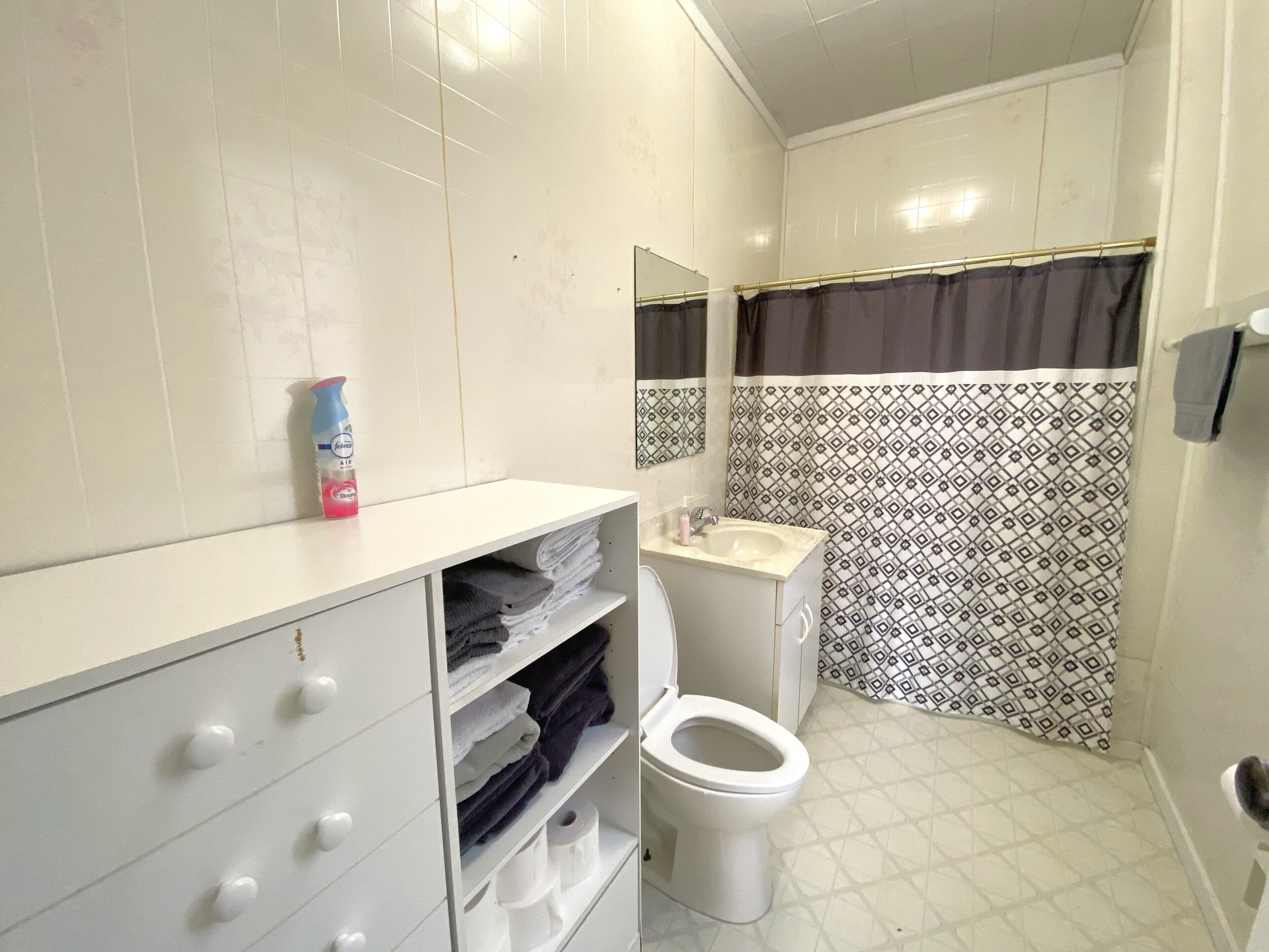 Combined shower/tub, towels