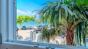 A view from inside a room looking out to a parking area with cars and a palm tree.