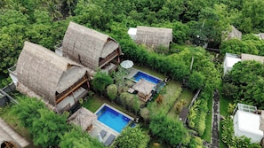 A thatched-roof bungalow with a swimming pool surrounded by lush greenery. - BB Resort Villa and Spa (Penida Island)