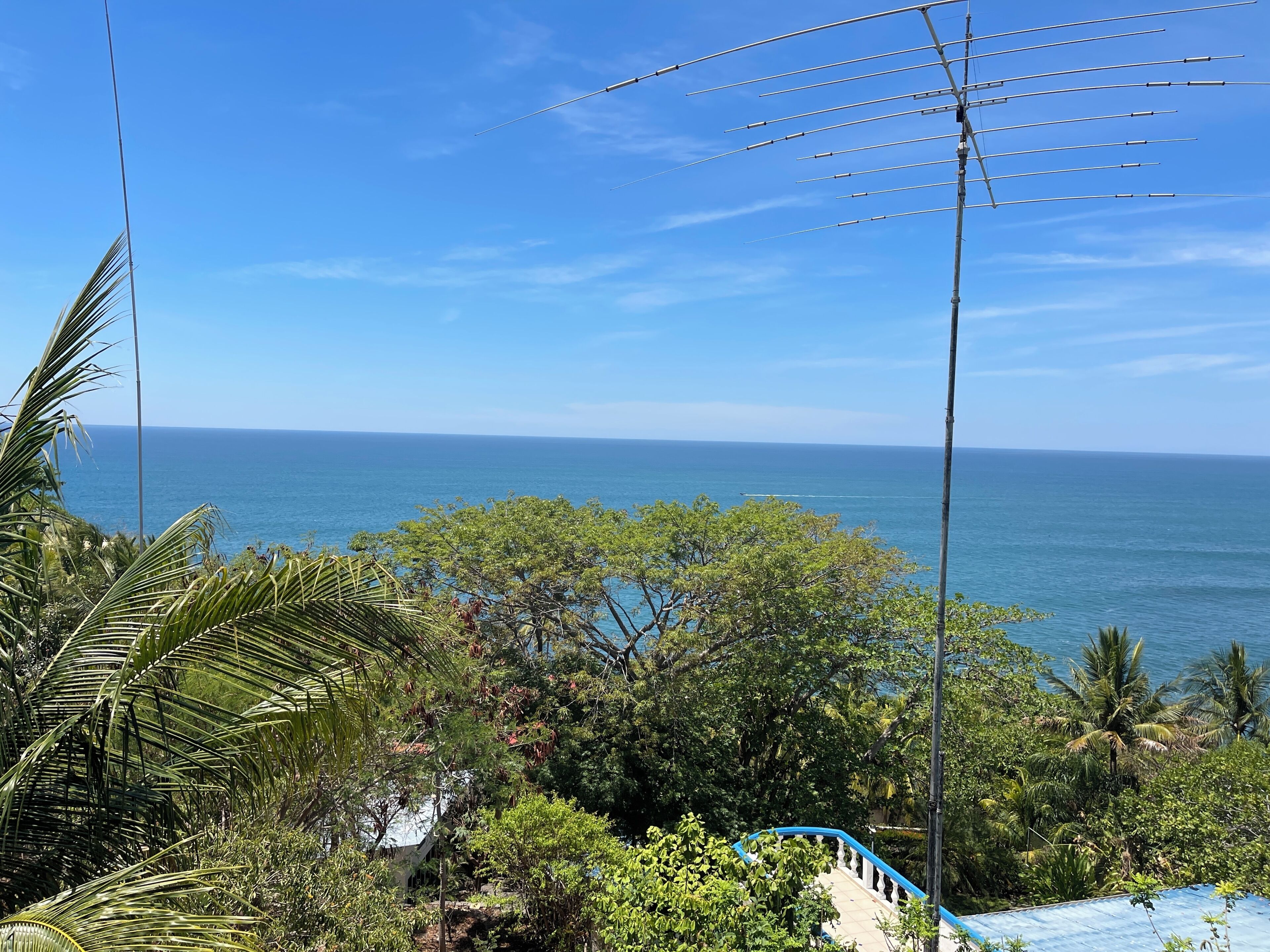 A coastal view with a clear sky, a blue railing, and dense greenery.