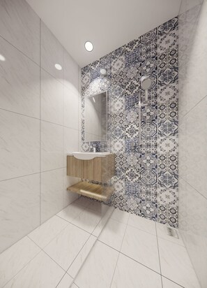 Shower, bidet, towels, soap