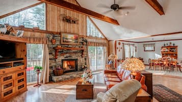TV, fireplace, DVD player, books