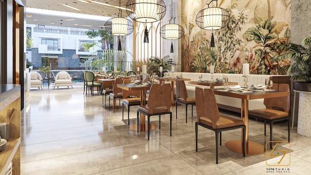 A modern restaurant with a high ceiling, wooden slats, and hanging spherical light fixtures. Tables are set with chairs, and a mural of tropical birds and foliage adorns the wall. - LA OPERA SAIGON HOTEL (Ho Chi Minh City)