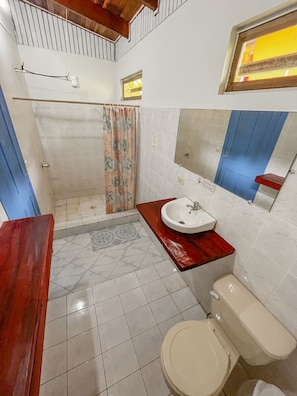 Une salle de bain équipée d’une douche, de toilettes, d’un lavabo et d’un miroir.
