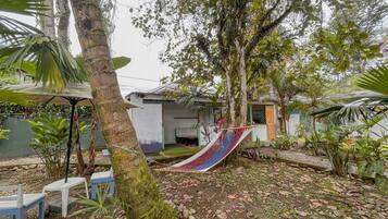 A hammock between trees in a garden with a house in the background.