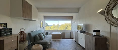 A modern kitchen and living area with a large window, wooden flooring, and a sofa.