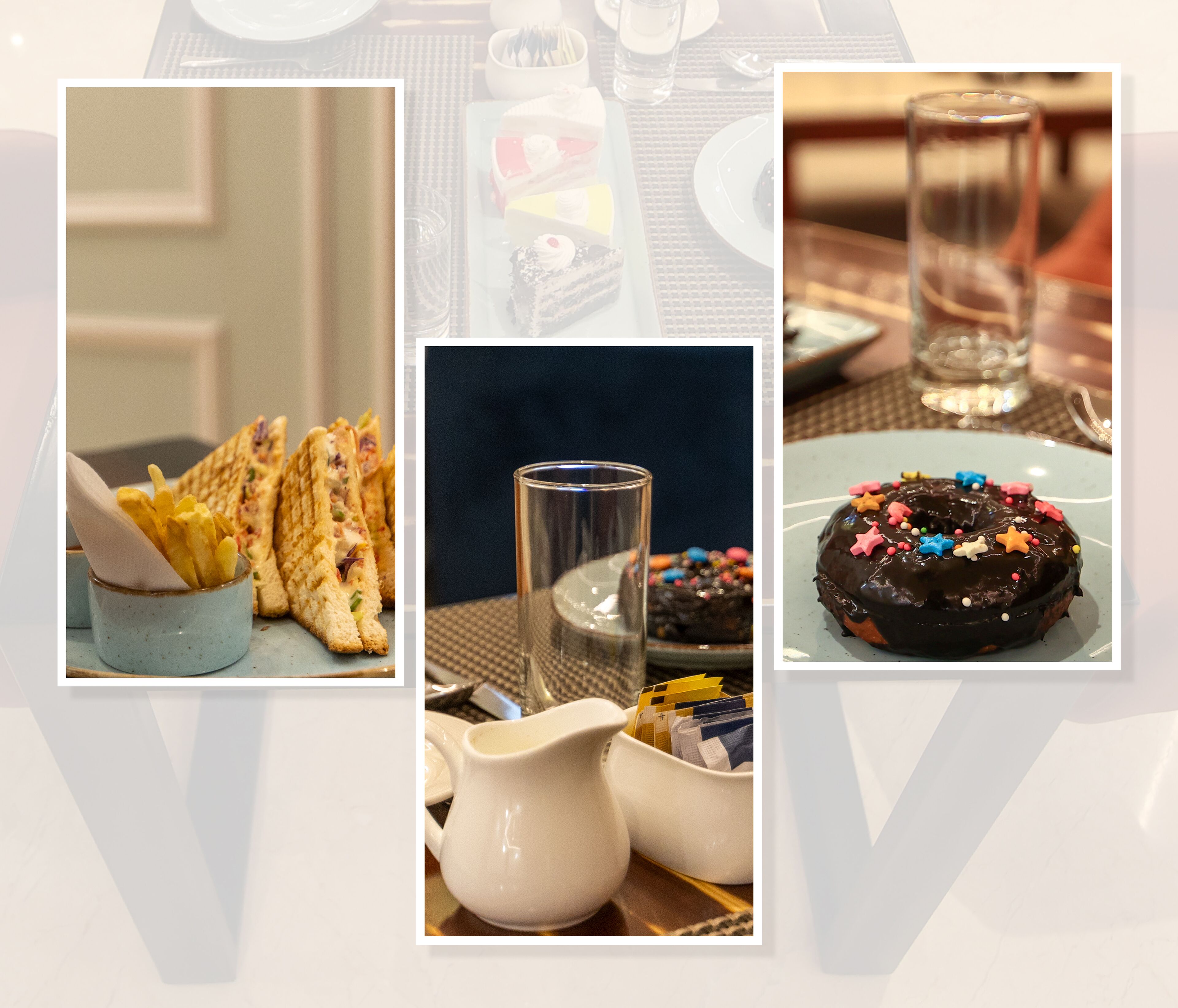 Une table sur laquelle on trouve divers aliments, notamment des sandwichs, un verre d’eau et un beignet enrobé de chocolat et décoré de vermicelles.