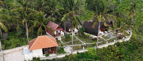 Un resort tropical con varias edificaciones tipo bungalow rodeado de densas palmeras.