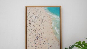 A framed beach scene with a wooden frame, a white wall, and a potted plant. - Otium Rentals San Juan City Apartment w Basketball Arcade (San Juan)