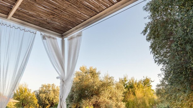 Un patio al aire libre con mobiliario de mimbre, una piscina y abundante vegetación.