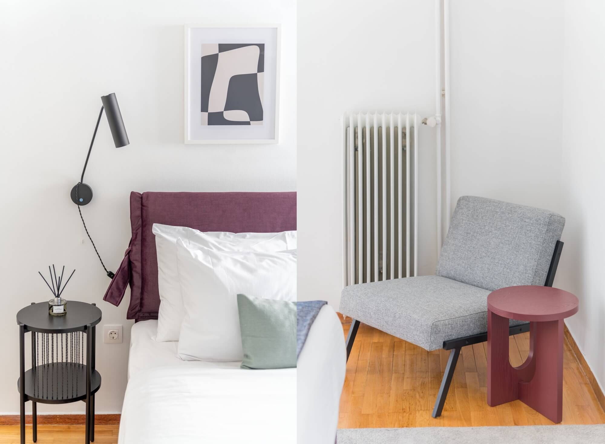 A modern bedroom with a bed, bedside table, lamp, and a framed abstract artwork on the wall.