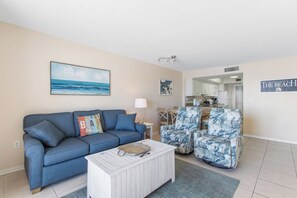 Signature Condo, 3 Bedrooms, Balcony, Beach View | Living room | 65-inch Smart TV with digital channels, TV - Surfside Shores 1501 (Gulf Shores)
