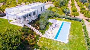 A modern house with a pool, surrounded by greenery and a garden.