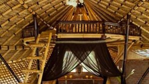 Una habitación con techo de paja, una cama con dosel y una escalera de madera.