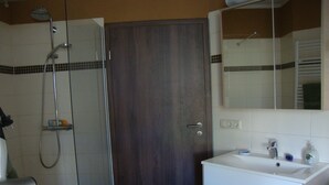 Une salle de bain avec une douche, un lavabo et un miroir.