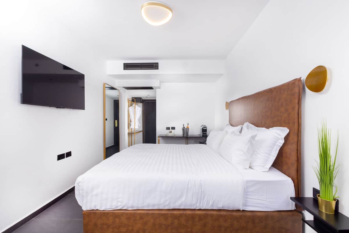 Habitación de hotel moderna con una cama grande, un televisor de pantalla plana montado en la pared, un pequeño escritorio con una silla y una planta en maceta.