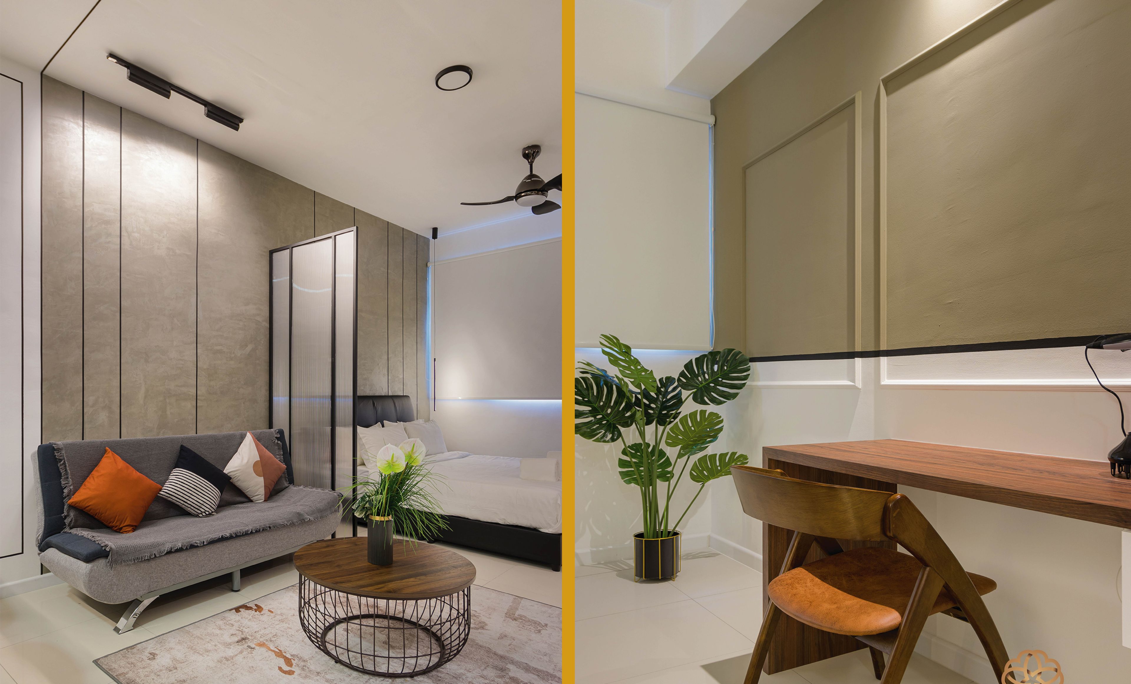 A modern living room with a sofa, coffee table, and a dining area with a chair and table.