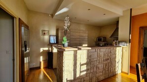 A kitchen with a stone island, built-in appliances, and a potted plant. - Welcome au Carpe Diem (Châteauneuf-du-Pape)