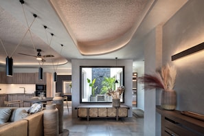 Full-size fridge, oven, stovetop, espresso maker