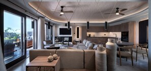 Superior Villa with Private Pool | Vardagsrum | 42-tums LED-tv med satellitkanaler, tv och Netflix