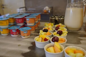 A variety of food items including yogurt containers, fruit bowls, and a pitcher of milk on a stainless steel counter.