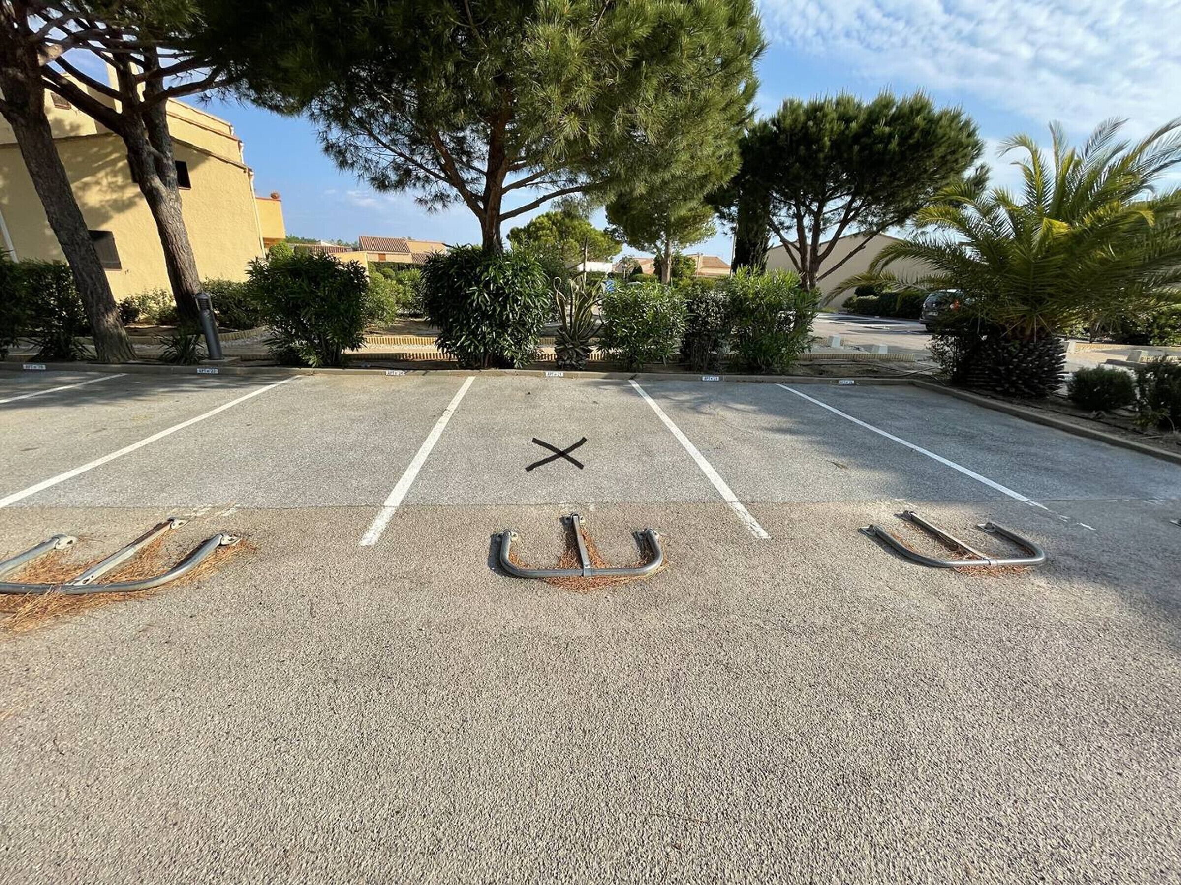 Un parking avec des places délimitées, des arbres et un bâtiment en arrière-plan.