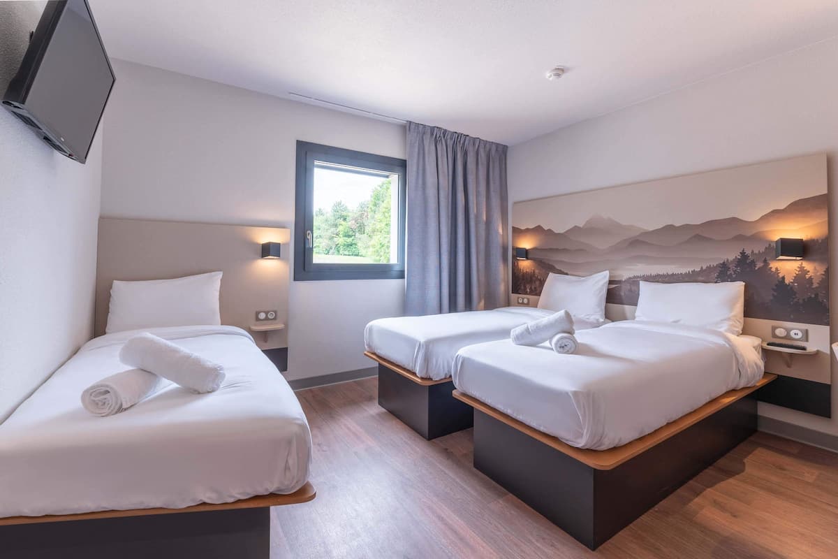 Habitación de hotel con dos camas, un televisor montado en la pared, una ventana con cortinas y un cuadro en la pared.