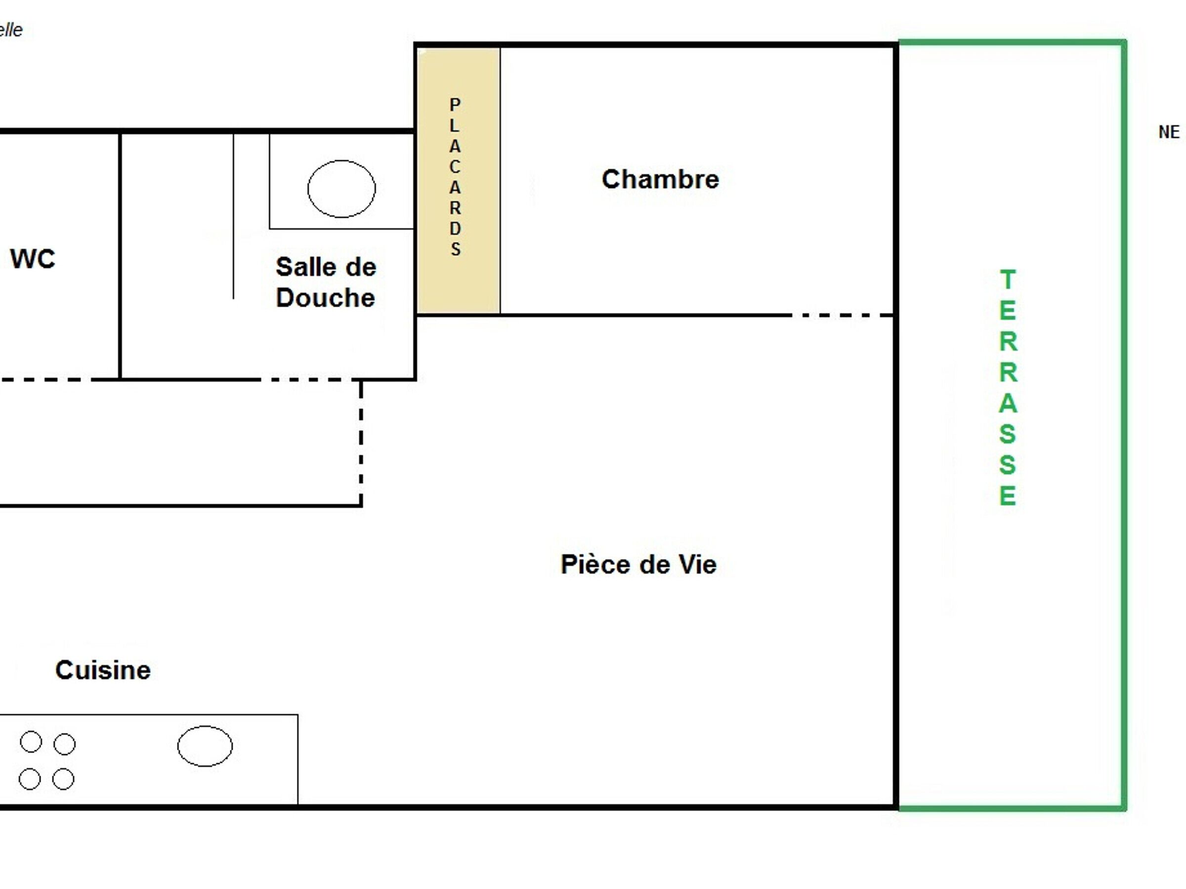 Planta baixa com WC, chuveiro, quarto, sala de estar e terraço.