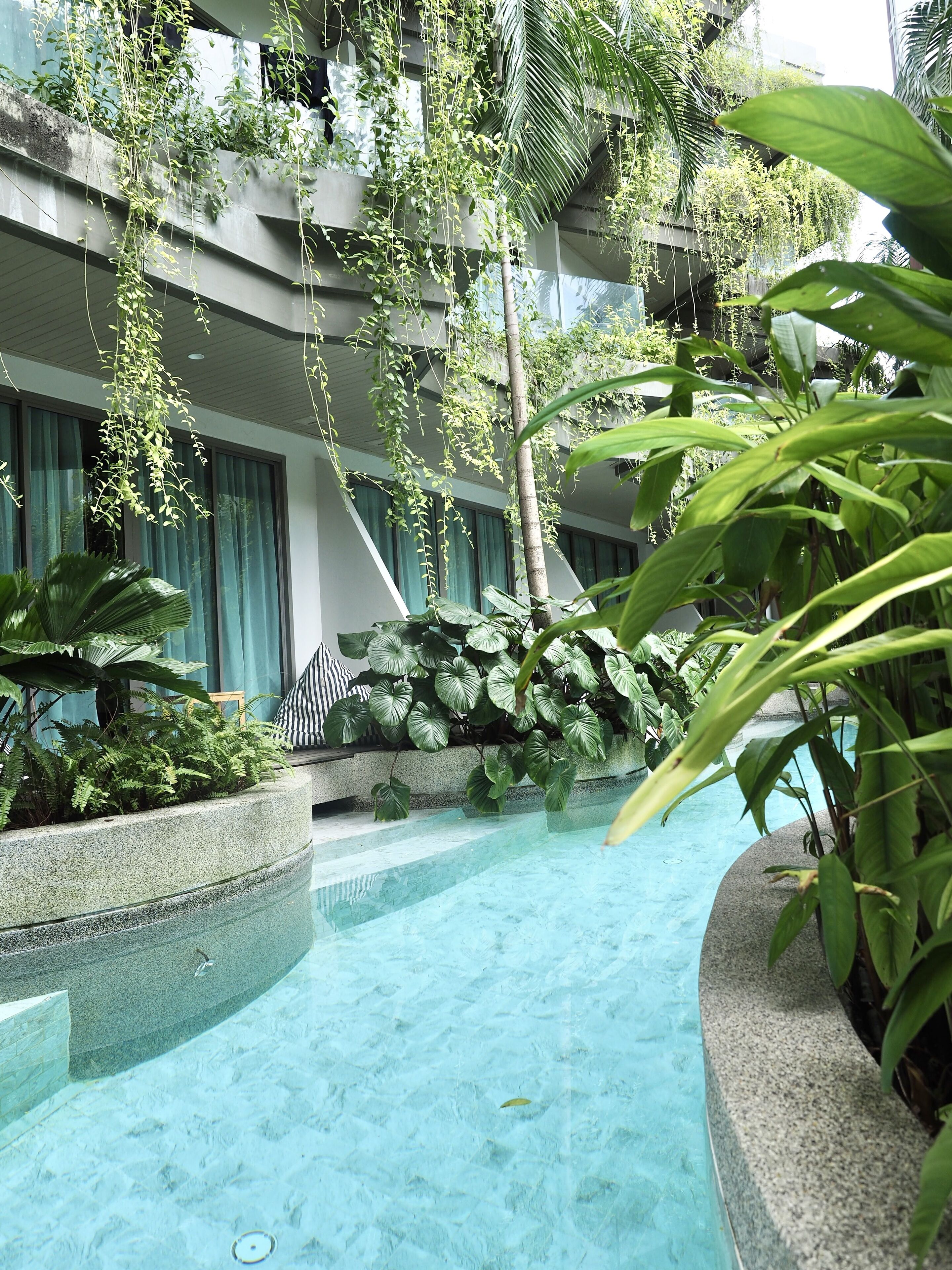 An indoor swimming pool surrounded by lush greenery and modern architecture.