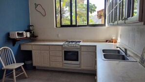 Full-sized fridge, microwave, oven, stovetop