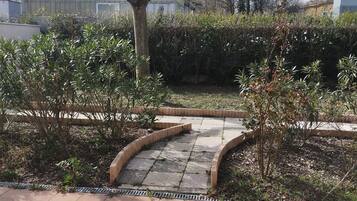 Een verhard pad dat leidt naar een gebied met bomen, een haag en een gebouw op de achtergrond.