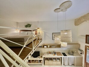 1 bedroom, desk, iron/ironing board, travel cot