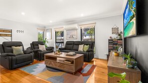 TV, caminetto, lettore DVD, libri